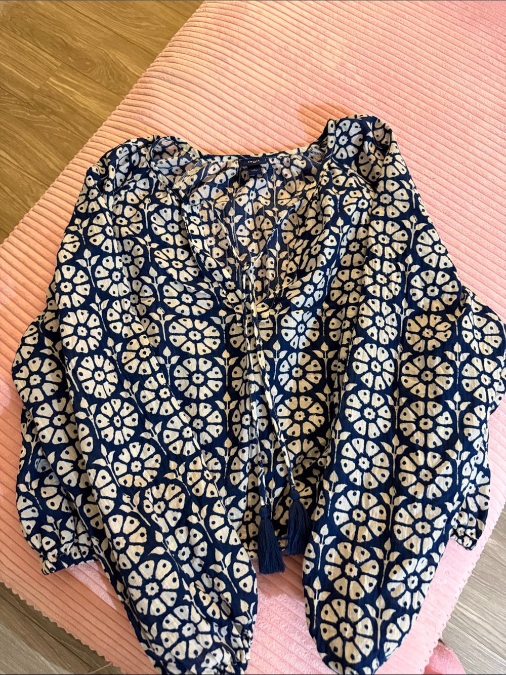 Roller Rabbit Navy and White Medallion Tie-Front Blouse